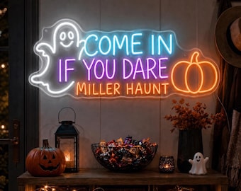 Custom Spooky Welcome Neon Light, Halloween Porch Decor with Ghost Pumpkin Glow for Family Entryway and Party Photo Corner Wall Art