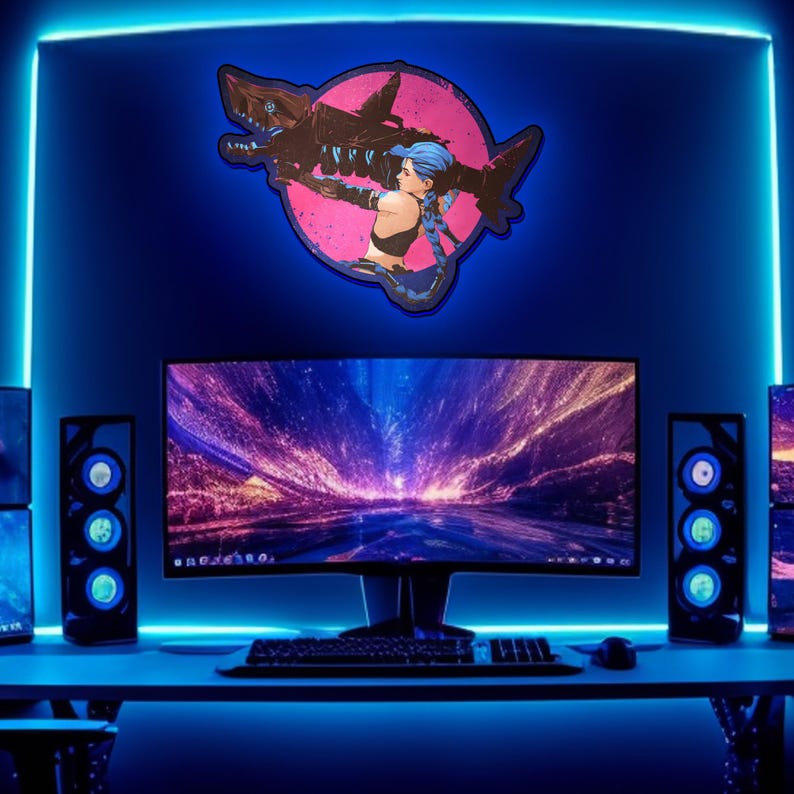 May include: A blue and pink gamer setup with a large curved monitor, two speakers, and a keyboard. The wall behind the monitor features a graphic of a woman holding a weapon, with a pink and blue color scheme.
