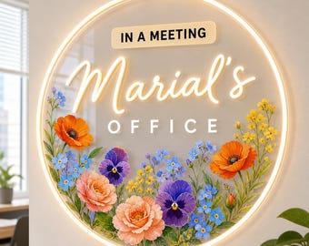Personalized Office Status Spinner Neon Sign, Custom Rotating Office Door Sign, Wildflower Office Decor, In A Meeting Sign, Gift for Her