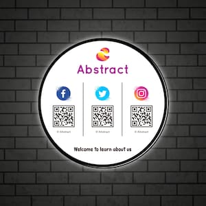Puede incluir: Un letrero circular con borde negro e interior blanco, con la palabra "Abstract" en morado. Incluye iconos de redes sociales para Facebook, Twitter e Instagram, junto con códigos QR y el texto "Welcome to learn about us."