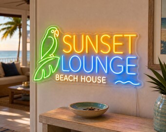 Custom Beach House Neon Sign, Sunset Lounge LED Neon Sign, Tropical Parrot Wall Decor, Personalized Coastal Home Bar Sign