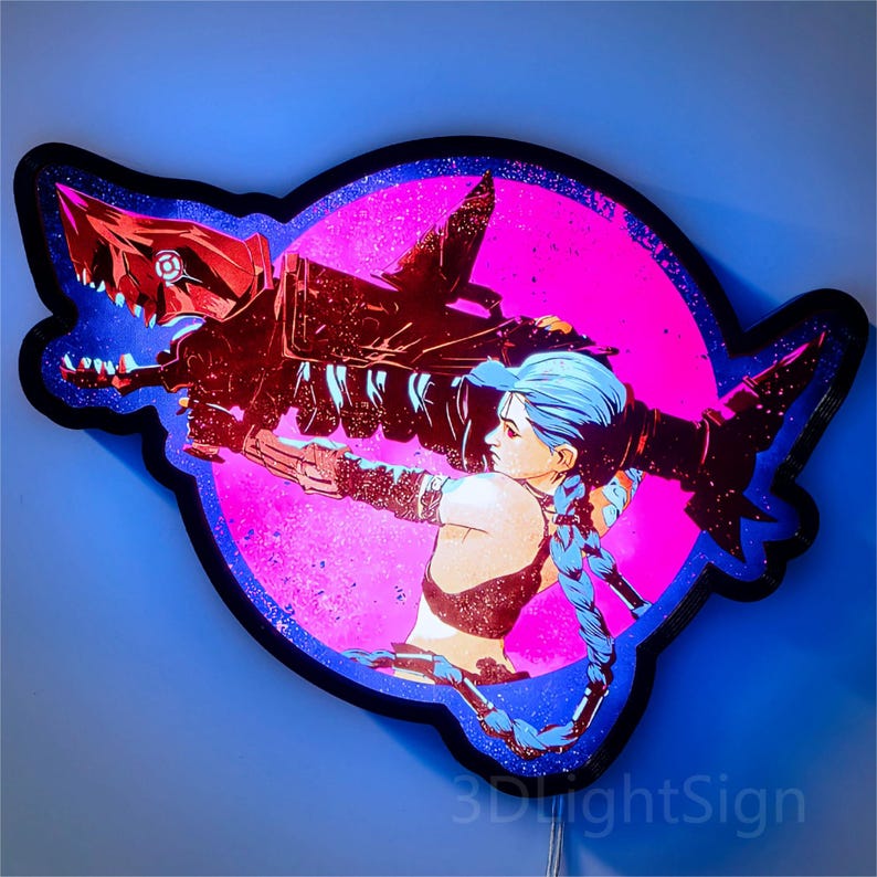 May include: A 3D printed neon sign featuring a pink and blue illustration of a female character with blue hair holding a large mechanical shark. The sign is lit up with blue and pink lights and has the text "3DlightSign" at the bottom.