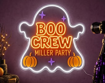Custom BOO CREW Halloween Party Neon Sign, Spooky Photo Booth Backdrop for Dessert Table, Covered Porch, Home Bar Wall Party Decor