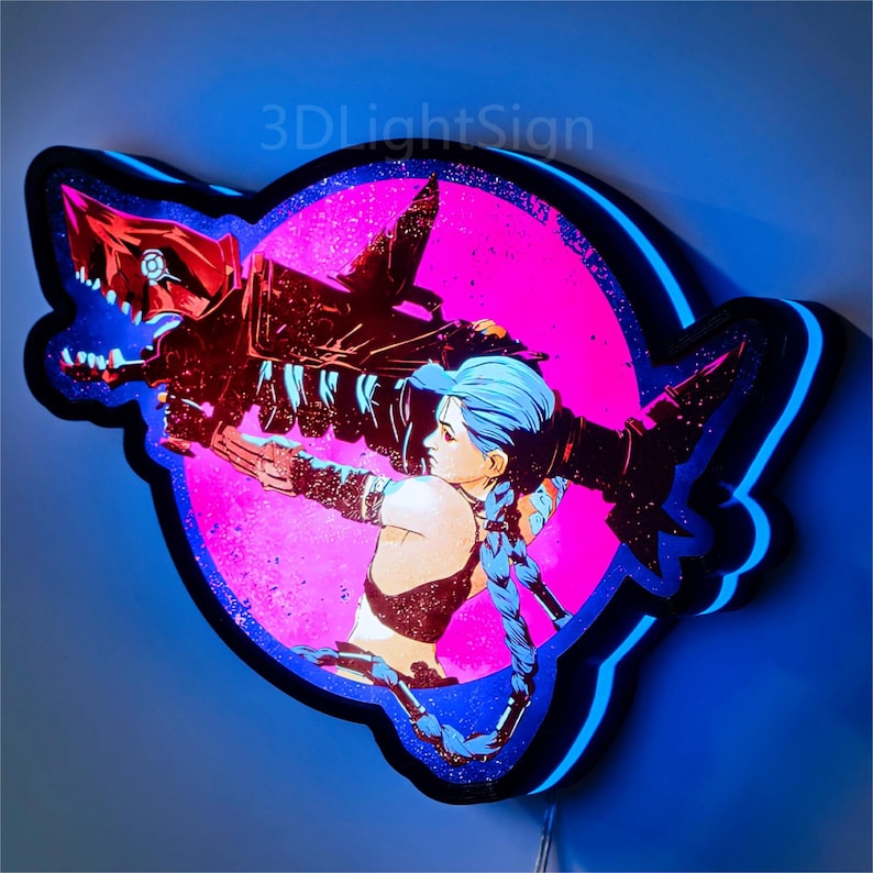 May include: A 3D light sign featuring a pink and blue neon design of a female character with blue hair holding a large red weapon. The text "3DLightSign" is visible in the top center of the image.