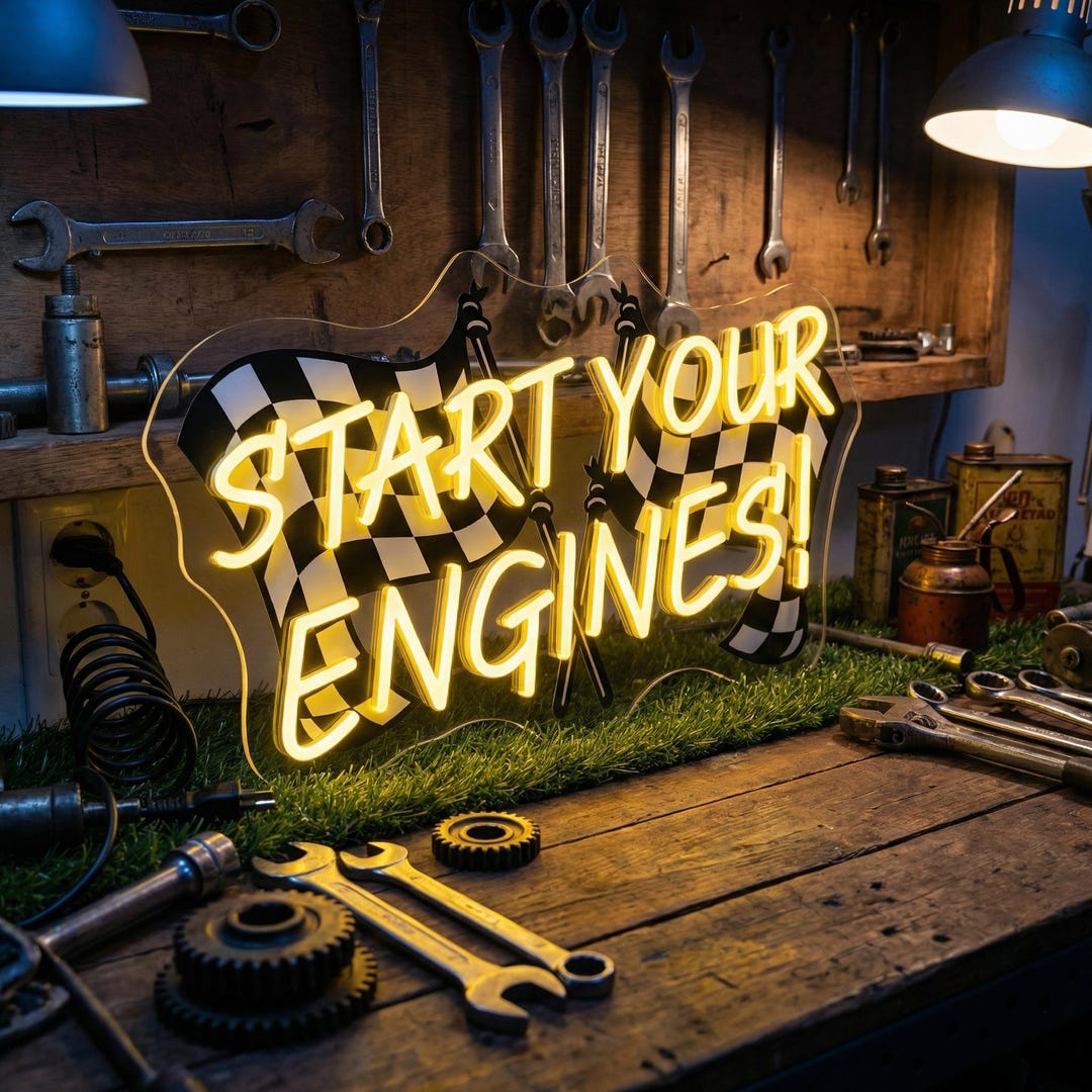 Fench Sign Engine Start Your Engines Neon Sign: Racing Flag LED Light up Sign | Man Cave ...