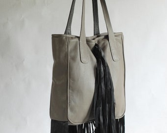 Gray bag with long black tassels, upcycled leather bag, bag made from leather jackets, tassel purse, recycling leather, leather jacket bag