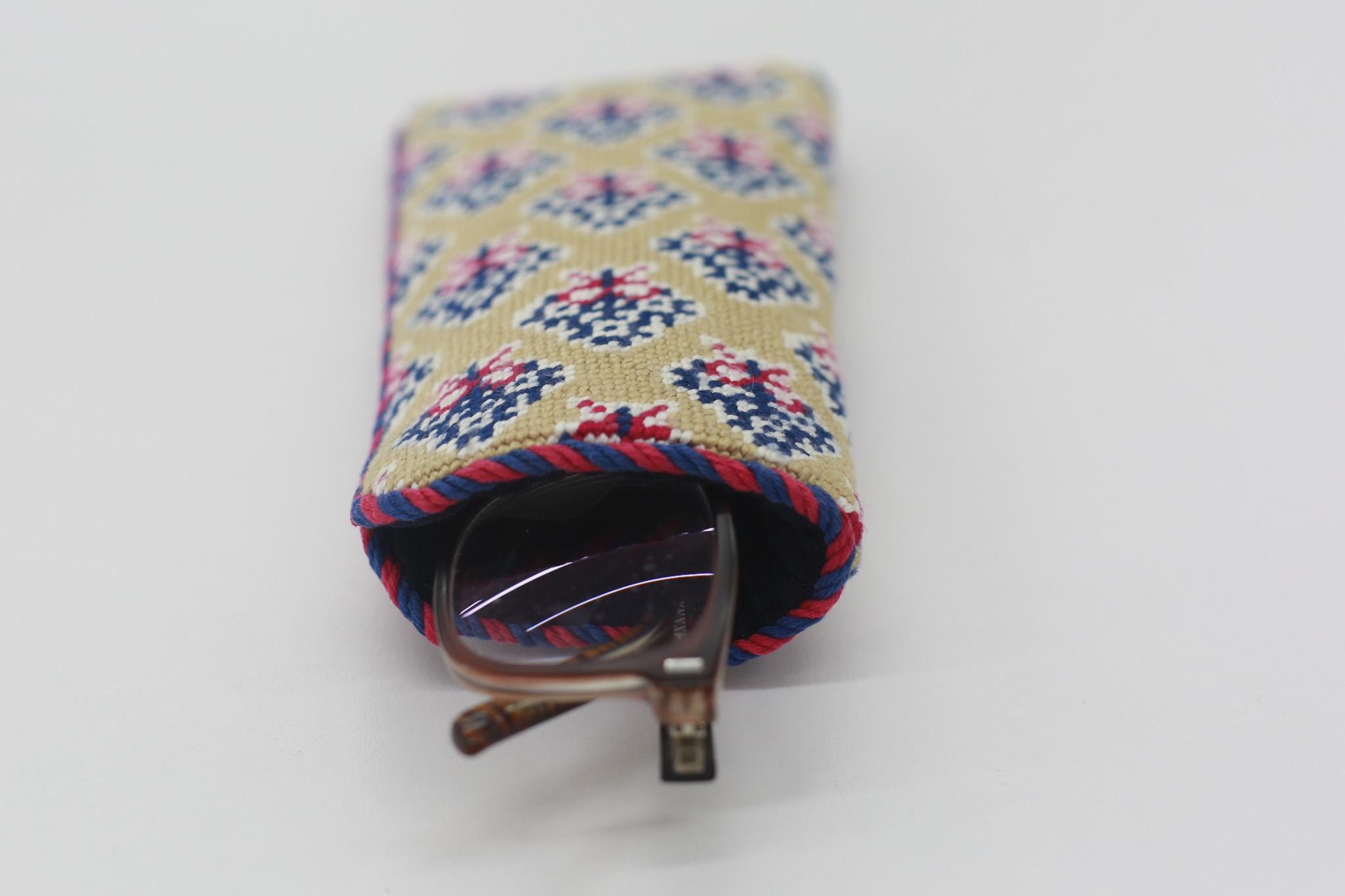 Custom Needlepoint Eyeglass Case Finishing. Lined and Padded With Cording