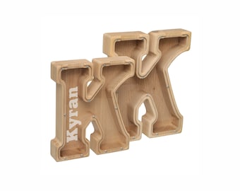 Engraved Wooden Initial Piggy Bank: Custom Money Box