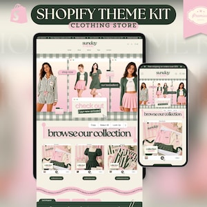 May include: A digital Shopify theme kit for a clothing store displayed on a tablet and smartphone screen. The interface features a light pink and white color scheme with the text Sunday Club, browse our collection, and check out our new arrivals.