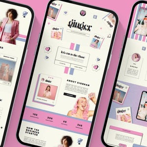 May include: Three smartphones displaying a website with a pink and blue color scheme. The website features the word "ginger", photos, and text including "Let's cut to the chase" and "About Siobhan". The background is a light beige.