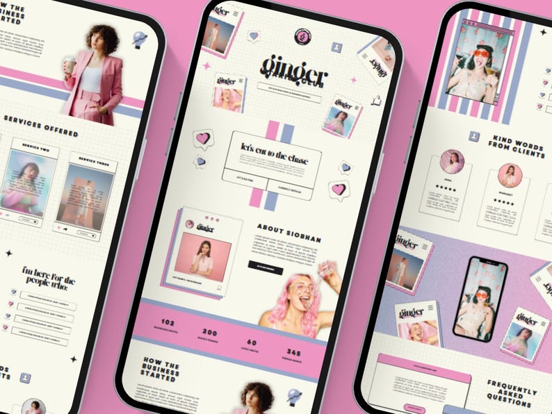 May include: Three smartphones displaying a website with a pink and blue color scheme. The website features the word "ginger", photos, and text including "Let's cut to the chase" and "About Siobhan". The background is a light beige.