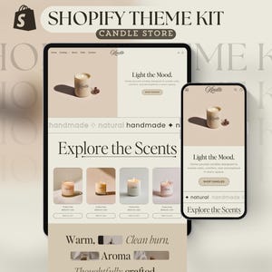 Op de afbeelding: Een Shopify-themakit voor een kaarsenwinkel, weergegeven op een tablet en smartphone. Het websiteontwerp heeft een neutraal kleurenpalet met afbeeldingen van kaarsen en de tekst "Explore the Scents."
