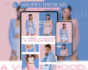 Shopify Theme for Trendy Clothing Website Template Luxury Shopify Template Aesthetic Theme Kit Blue Business Pink Fashion Website Template