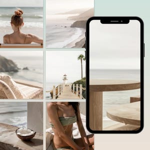 May include: A collage of images featuring a beach scene with a wooden table and chairs, a woman sitting on a chair, a wooden walkway leading to a lighthouse, and a coconut on a wooden table.