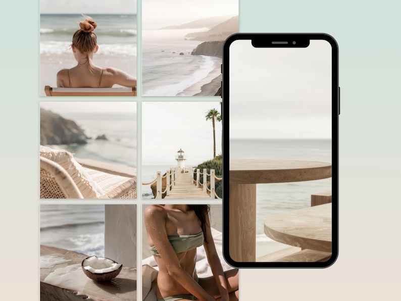 May include: A collage of images featuring a beach scene with a wooden table and chairs, a woman sitting on a chair, a wooden walkway leading to a lighthouse, and a coconut on a wooden table.