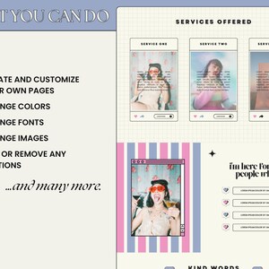 May include: A digital design layout with the text "WHAT YOU CAN DO" and "SERVICES OFFERED." The design includes options to create and customize pages, change colors, fonts, and images. The layout features images and text boxes.
