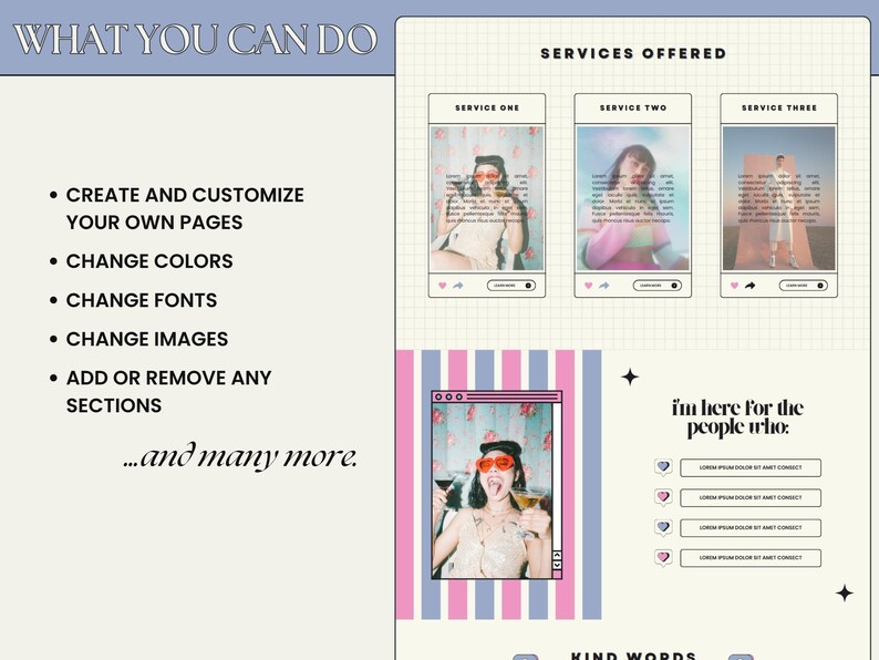 May include: A digital design layout with the text "WHAT YOU CAN DO" and "SERVICES OFFERED." The design includes options to create and customize pages, change colors, fonts, and images. The layout features images and text boxes.