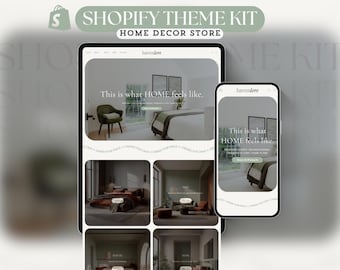 Puede incluir: Un kit de tema Shopify para una tienda de decoración del hogar, mostrado en una tableta y un teléfono inteligente. La tableta muestra un sitio web con una escena de dormitorio, una silla verde y el texto "This is what HOME feels like." El teléfono inteligente muestra una escena similar.