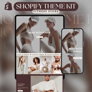 Puede incluir: Una pantalla digital que muestra un kit de tema de Shopify para una tienda de fitness. La pantalla muestra imágenes de mujeres con ropa deportiva, con el texto "MOVE WITH POWER". El kit de tema incluye un logotipo y las palabras "SHOPIFY THEME KIT FITNESS STORE."