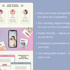 May include: A digital marketing website design with a light purple and pink color scheme. The design includes customer testimonials, magazine covers, a smartphone, and a section for frequently asked questions.