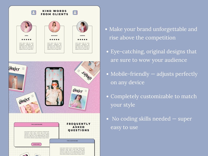 May include: A digital marketing website design with a light purple and pink color scheme. The design includes customer testimonials, magazine covers, a smartphone, and a section for frequently asked questions.