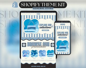 Könnte beinhalten: Digitales Mockup eines Shopify-Theme-Kits, das ein Website-Design auf einem Tablet und Smartphone zeigt. Das Theme verfügt über ein hellblaues und weißes Farbschema mit dem Text "EXPLORE OUR collections!" und "BROWSE OUR products!"