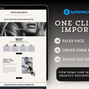 May include: A screenshot of a website with a black and white photo of a woman's face. The website is for a digital product and includes the text "Done for You Digital Products".