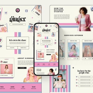 May include: A digital design featuring a website layout with the text "ginger art club." The design includes pink and blue stripes, social media icons, and photos. The text "let's cut to the chase" is also visible.