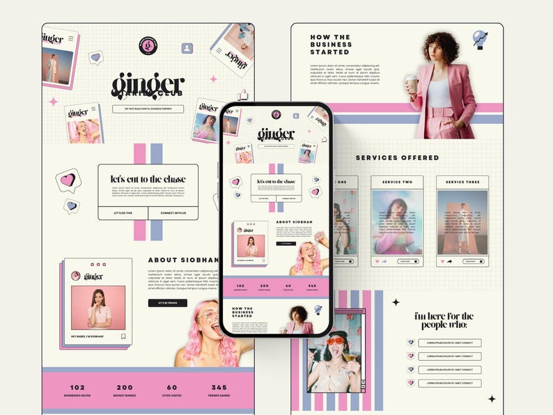 May include: A digital design featuring a website layout with the text "ginger art club." The design includes pink and blue stripes, social media icons, and photos. The text "let's cut to the chase" is also visible.