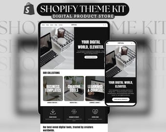 May include: A digital product store theme kit displayed on a tablet and smartphone. The theme kit includes business templates, creative tools, and learning courses. The text "Shopify Theme Kit" and "Digital Product Store" are at the top.
