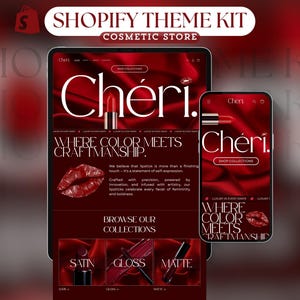 May include: A website mockup for a cosmetics brand called "Chéri." The website features a red satin background with the brand name in a large, bold font. The tagline "Where color meets craftsmanship" is displayed below the brand name. The website also features a call to action to "Shop Collections."