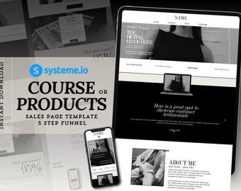 Systemeio Landing Page Website Template Systeme.io Sales Funnel for Digital Product, Course Coaching Funnel Systeme Black White Template Set