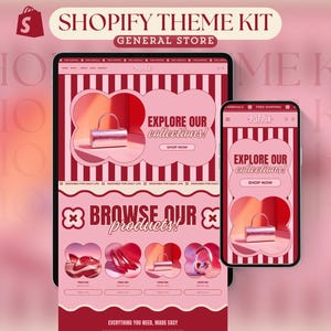 Puede incluir: Anuncio de un kit de temas de Shopify que muestra una tableta y un teléfono inteligente con una interfaz de sitio web rosa y roja. El sitio web muestra bolsos y zapatos. El texto incluye "Explore Our Collections!" y "Browse Our Products!"