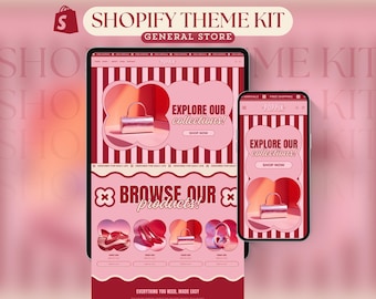 May include: Shopify theme kit advertisement showing a tablet and smartphone with a pink and red website interface. The website displays handbags and shoes. Text includes "Explore Our Collections!" and "Browse Our Products!" in a stylish font.