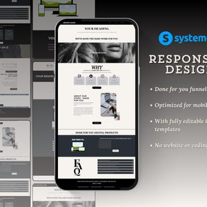 May include: A mobile phone mockup displaying a website template for a business. The website is designed in black and white with a simple layout and features a section titled "Why?" with four icons. The text "Done for you digital products" is displayed at the bottom of the screen. The phone is positioned on a white background with the text "Responsive Design" and a list of features in black text.