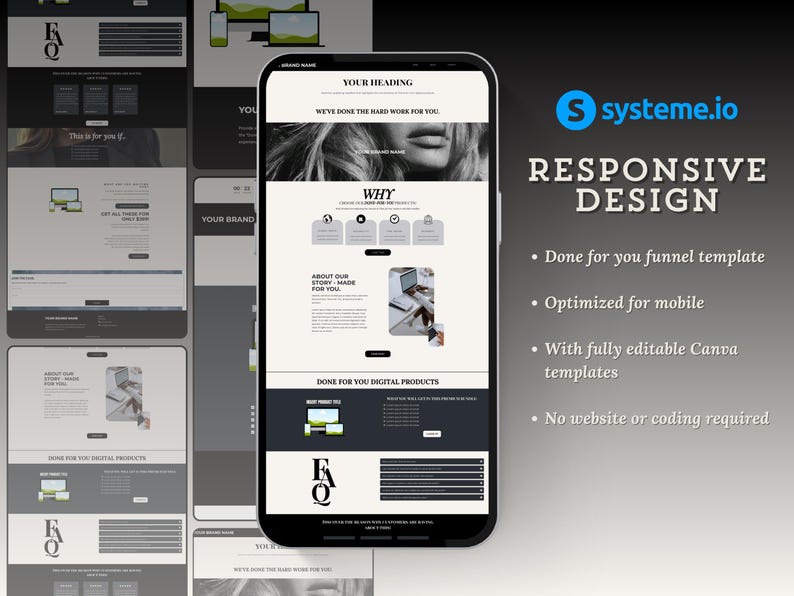 May include: A mobile phone mockup displaying a website template for a business. The website is designed in black and white with a simple layout and features a section titled "Why?" with four icons. The text "Done for you digital products" is displayed at the bottom of the screen. The phone is positioned on a white background with the text "Responsive Design" and a list of features in black text.
