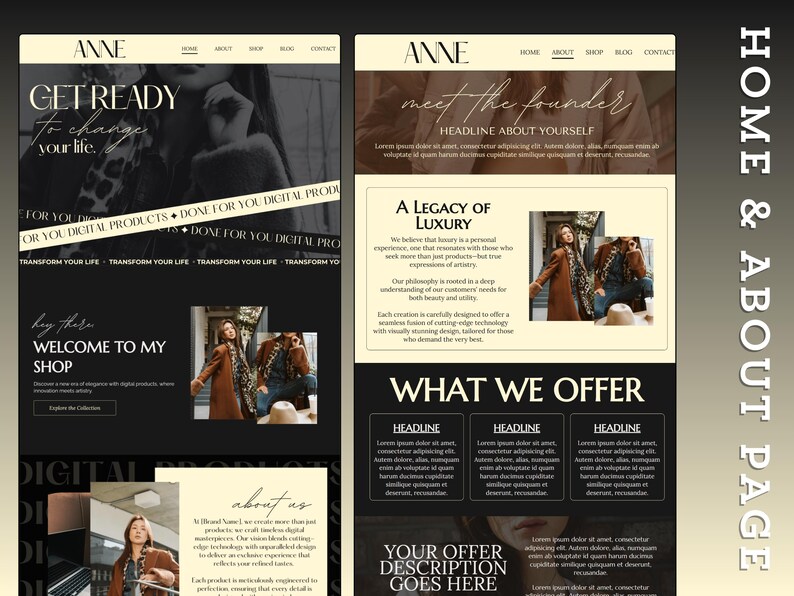 May include: A website homepage with a black and white color scheme. The website features a woman wearing a brown coat and a leopard print scarf. The text on the website reads "Get Ready to Change Your Life" and "Welcome to My Shop".
