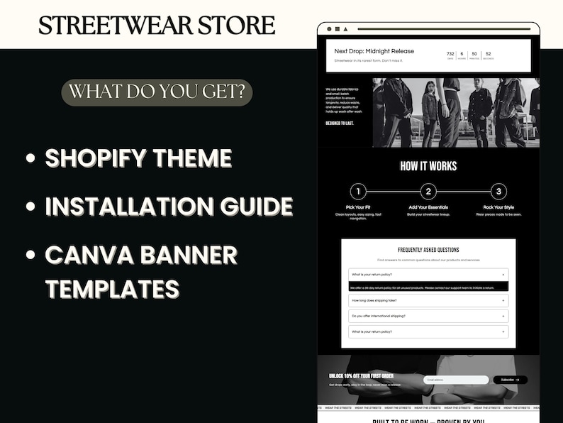 May include: A website design for a streetwear store, featuring a black and white color scheme. The design includes a Shopify theme, installation guide, and Canva banner templates. The website also showcases a "Next Drop: Midnight Release" section.