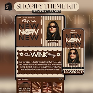 Könnte beinhalten: Ein digitales Display, das ein Shopify-Theme-Kit für einen allgemeinen Shop präsentiert. Das Design verwendet ein braunes und cremefarbenes Farbschema mit dem Text "Shop our NEW Collections NEW". Das Bild enthält ein Tablet und ein Telefon.
