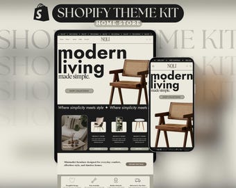 Puede incluir: Una pantalla digital de un kit de tema Shopify para una tienda de hogar. El diseño presenta una tableta y un teléfono inteligente que muestran un sitio web con el texto "modern living made simple". El sitio web muestra muebles.