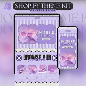 Può includere: Un mockup digitale di un kit a tema Shopify, che mostra un design di sito Web su un tablet e uno smartphone. Il design presenta uno schema di colori lavanda con il testo "EXPLORE OUR collections!" e "BROWSE OUR products!"