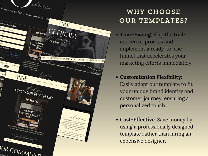 May include: A website template for digital product creators. The template features a black and white color scheme with a modern design. The text on the website reads "Get Ready to Change Your Life" and "Done For You Digital Products".