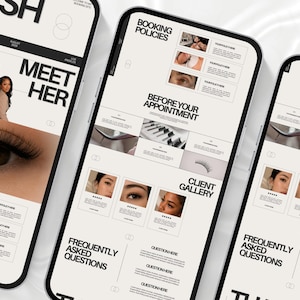 May include: Three smartphones displaying a lash service website template with a cream background and black text. The screens feature sections titled Booking Policies, Before Your Appointment, Client Gallery, and Frequently Asked Questions, alongside photos of eyes with lash extensions and a professional portrait.