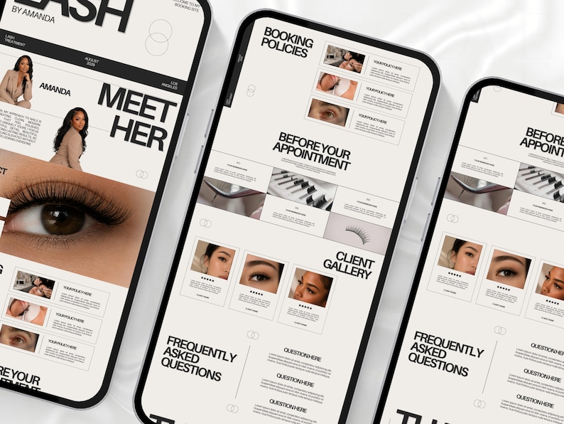 May include: Three smartphones displaying a lash service website template with a cream background and black text. The screens feature sections titled Booking Policies, Before Your Appointment, Client Gallery, and Frequently Asked Questions, alongside photos of eyes with lash extensions and a professional portrait.