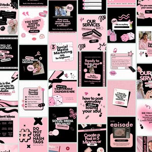 May include: A collection of pink and black social media marketing graphics. The graphics include text such as "Social Media," "Our Services," and "Content Ideas." The overall theme is focused on social media strategy and tips.