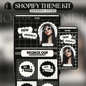 Könnte beinhalten: Ein schwarz-weißes Shopify-Theme-Kit-Design, das ein Website-Layout auf einem Tablet und einem Smartphone zeigt. Das Design enthält den Text "NEW ARRIVALS" und "BROWSE OUR collections!" mit einem Model mit Sonnenbrille.