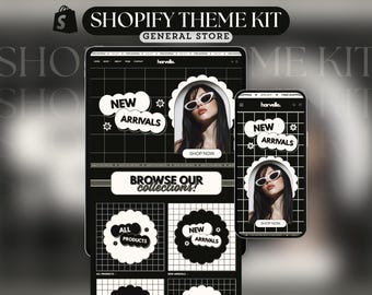 May include: A black and white Shopify theme kit design, showcasing a website layout on a tablet and a smartphone. The design includes the text "NEW ARRIVALS" and "BROWSE OUR collections!" with a model wearing sunglasses.