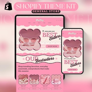 May include: A pink Shopify theme kit design displayed on a tablet and smartphone. The tablet shows a website with sunglasses, and the text "Explore Our Best Sellers". The smartphone displays the same website. The text "Shop trending favorites" is also visible.