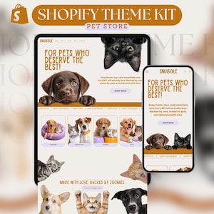 Puede incluir: Un kit de tema de Shopify para una tienda de mascotas, que se muestra en una tableta y un teléfono inteligente. El diseño presenta imágenes de perros y gatos, con el texto "FOR PETS WHO DESERVE THE BEST!" y "SHOP NOW". El kit de tema está marcado con el logotipo de Shopify.