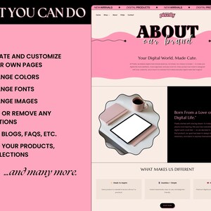 May include: A website design with a pink and white color scheme. The text reads "What You Can Do" and lists options like changing colors and fonts. The website includes a tablet, coffee cup, and notebook. The brand name is "pikilly".